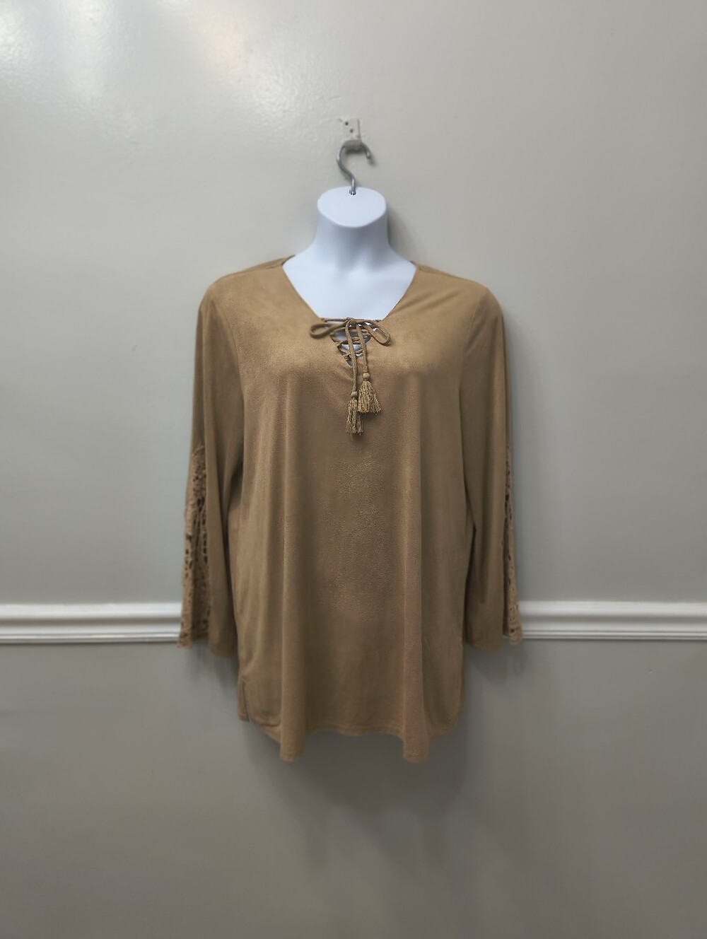 Style & Co.Faux-Suede Lace-Up Tassel Tunic Blouse Brown XL Hippie Casual Office
